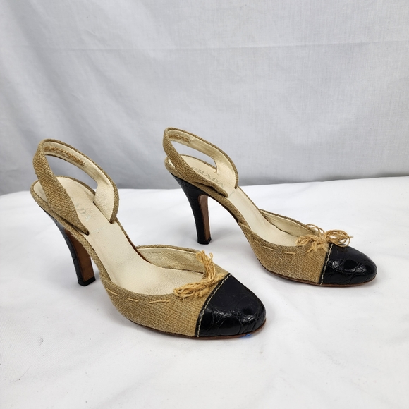 Prada Cream Tweed & Black Leather Round Toe Sling Back Heels Prada 38.5 US 8.5 - Picture 2 of 12